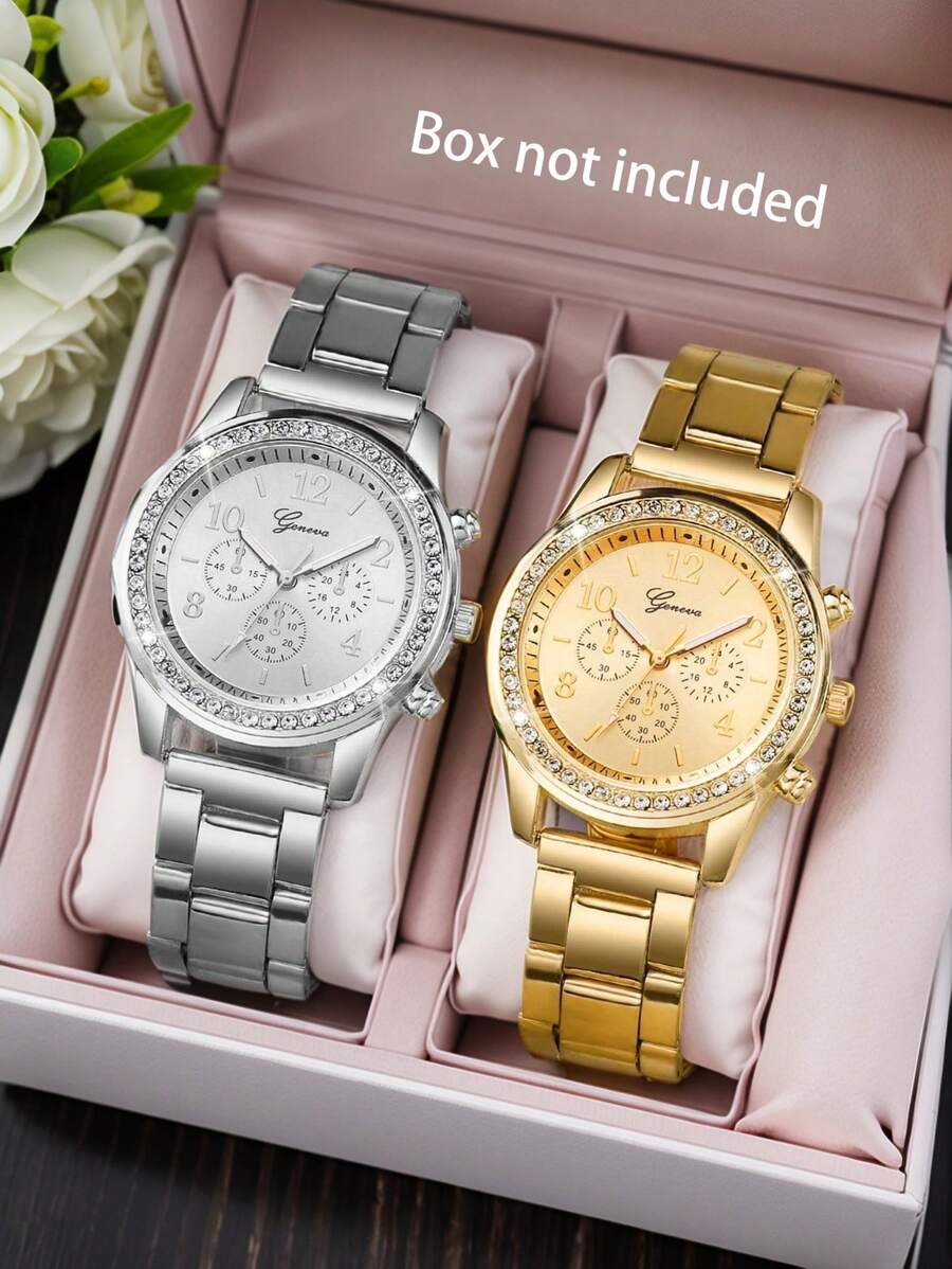 Women's Steel Strap Fashion Diamond Three-Eye Digital Dial Quartz Watch Combination Set (2pcs/Set)