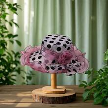 Women Organza Church Hats Dots Print Large Flower Church Hats Outdoor Lightweight Sun Hats - 粉色 - 查看 4