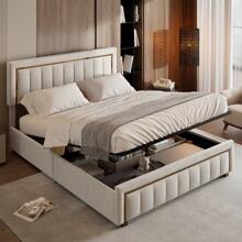 Cama tapizada 140/160*200cm, cama doble hidráulica con canapé, canapé con estructura de láminas de madera, cama juvenil, cama de metal, estructura de cama de terciopelo, rayas doradas, beige