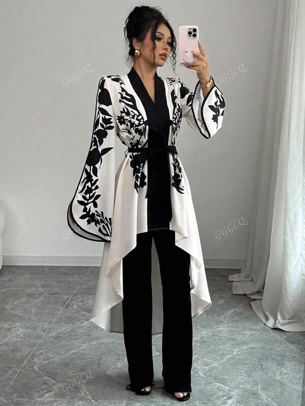 Blouse ample à manches évasées, ourlet asymétrique, imprimé végétal, pour grandes tailles, pour vacances