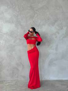 Vestido elegante de mujer con espalda descubierta, abertura y volantes en el bajo, vestido formal para boda, fiesta y noche - Rojo - Ver 2