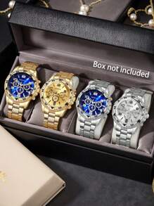 4-Piece Luxury Men's Watch Set, Cool And Handsome Style, Round Alloy Case, High-End Texture, Suitable For Business And Casual Wear