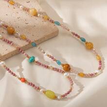 1pc Beach Style Natural Stone Beaded Necklace, Suitable For Women Vacation & Daily Wear