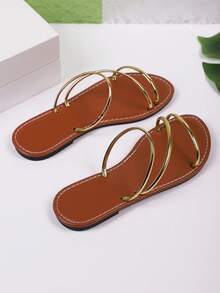女士时尚金色轻质奢华系带凉鞋，简约优雅，适合日常通勤和度假，女士平底拖鞋