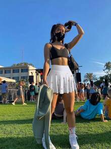 Women One Piece Skirt 2 In 1 Flowy Basic Versatile  Stretchy Flared Casual Mini Skirts - 太陽花白色 - 查看 5