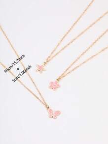 3 Stücke/Set Süßer Sommer Strand rosa Schmetterling Fünf-Blüten-Blume Seestern Anhänger, goldene Halskette Schmuckset für Frauen, Sommer Reise Strand Party Tägliches Tragen Schmuckset