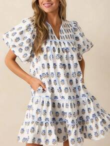 Women V Neck Floral Print Short Dress Summer Slim Fit Short Sleeve Y2K Striped Casual A Line Dresses With Pockets Aesthetic Clothes Beach Streetwear - 藍色 - 查看 1