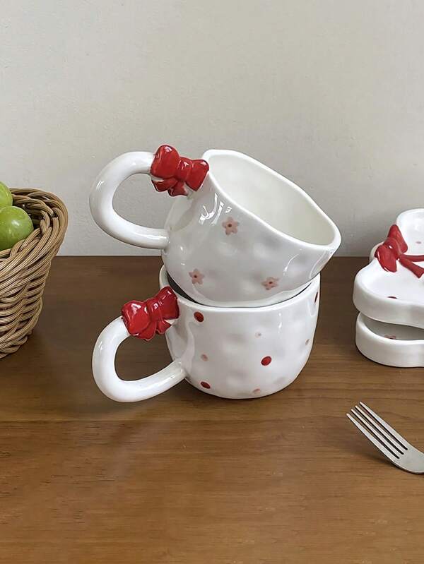 1 set Estilo Ins Taza y platillo de café de cerámica con lunares y flores, Taza con lunares de oso, Taza para leche del desayuno, Plato de pan, Taza y platillo de arte latte para el té de la tarde, Vaso de jugo, Plato para pastel de postre, Vaso de agua para pareja