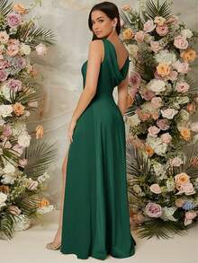 Color sólido halter arrastrando longitud del piso vestidos elegantes vestidos de noche sin tirantes partido delgada - Verde Oscuro - Ver 3