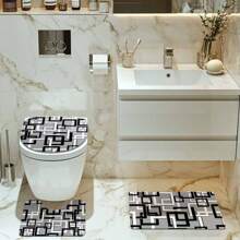 4 Stücke modernes schwarz-graues gestreiftes Badezimmer Set, inklusive Duschvorhang, Badematte, U-förmige Toilettenabdeckung, Toilettendeckelabdeckung, wasserdichter Duschvorhang, modischer Tür-/Fenstervorhang, ohne Bohren erforderlich, Polyester, maschinenwaschbar, Badezimmer Deko für den Schulanfang