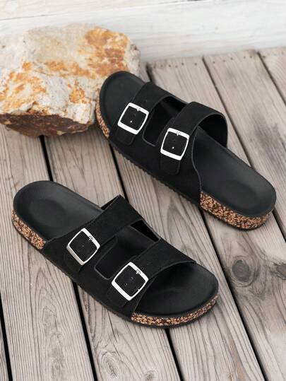 Men's Double-Buckle Soft Cork Sandals, Beach Slippers, Outdoor Slippers, Simple, Fashionable, Breathable
