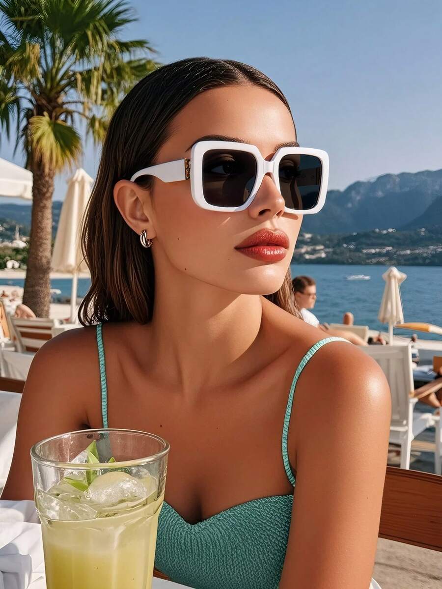 Classic White Square Oversized Plastic Sunglasses, Unisex Retro Fashion Decorative Eyewear For Outdoor Travel Beach Party, UV Protection Shade Going Out Outfit Outdoor Beach Seaside Vacation And Gift For Family And Friends - 白色 - 查看 1