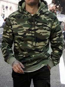 Men's Autumn/Winter Casual Hooded Camouflage Sweatshirt, Long Sleeve Top - Army Green - View 1