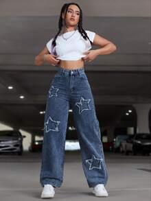 Women's Y2K Baggy Straight Jeans With Pockets, Star Patch Denim Pants, Casual Versatile Streetwear Trousers - 深色水洗藍 - 查看 3