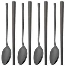 8件套不锈钢餐具套装，筷子和主勺套装，镜面寿司筷子和勺子，适用于家庭、厨房、餐厅、派对、户外旅行、学校用品