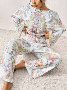 Conjunto de salón mujer estilo bohemio con estampado de cachemir transparente, top de manga larga y pantalones anchos con bolsillo, conjunto de dos piezas para el otoño