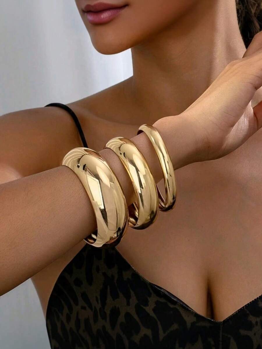Bộ 3/2 vòng tay kim loại hình tròn và vòng cung thời trang cá nhân hóa dành cho nữ, phong cách tối giản - Vàng - Xem 1