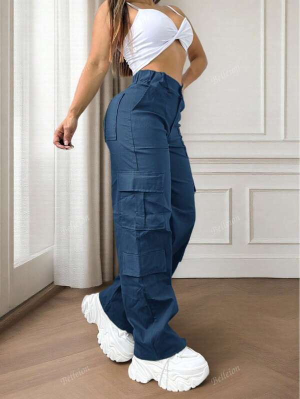 Pantalones largos de unicolor con múltiples bolsillos y botones, estilo casual y sencillo Y2K, apropiados para ir y venir, escuela, clubes, fiestas de cumpleaños, Halloween, conciertos, gimnasio, negocios, uso diario en el aeropuerto, uso en la calle, para maestros, primavera, verano, otoño e invierno