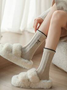 1 Pair/6 Pairs Women Calf Socks With Braided, Bow, Embroidered Patterns, Retro Fashion Versatile Wool Socks, Warm And Windproof, Suitable For Autumn/Winter Daily Wear