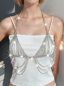 1pc Sexy Glitter Top Chain Fashion Fringes Rhinestone Body Chain, Summer Beach Bikini Nightclub Accessory