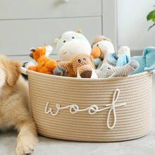 1个编织绳收纳篮，绣有“汪汪”字样 - 宠物玩具收纳篮，可存放磨牙玩具、毯子和牵引绳，海军蓝提手，可堆叠设计，个性化宠物收纳篮，适用于猫狗。宠物礼品。