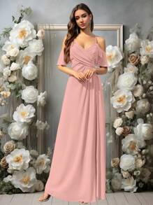 Volly Toych Baby Pink Autumn Outfits A-Line V-Neck Floor-Length Pleated Chiffon Elegant Formal Bridesmaid Dress,Wedding Guest Dress