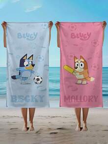 1 pieza Toalla de playa con el nombre personalizable de Bluey, que presenta el diseño de dibujos animados de Bluey comiendo helado, una toalla de baño suave y de secado rápido para la playa. Un artículo imprescindible para viajes y una prenda esencial de moda de playa para viajes de verano. - Helado para dos bluey - Ver 7