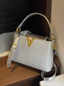 New Fashion Women's Handbag, Solid Color Minimalist PU Texture Pattern, Elegant V-Shaped Metal Hardware, Suitable For Dates, Shopping, Parties, Versatile & Exquisite Design