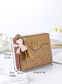 1 carteira curta infantil de poliuretano com zíper, carteira infantil com estampa floral de verão, porta-moedas com borlas na cor macaron, carteira com design de metal em forma de borboleta