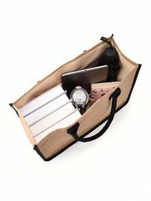 Personalized Set: Heart Wreath, Letter Pattern Handbag And Cosmetic Bag, Large Capacity Tote Bag Set, Can Be Carried By Shoulder Or Hand. Women's Large Capacity Multi-Function Tote Bag And Cosmetic Bag, A Charming Choice For New Year. - Khaki - View 7