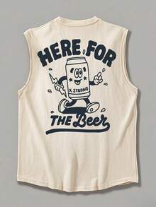 休闲街头风格 | 男士夏季无袖背心 | 卡通啤酒罐印花和“来喝啤酒”字样 - 杏色 - 查看 4