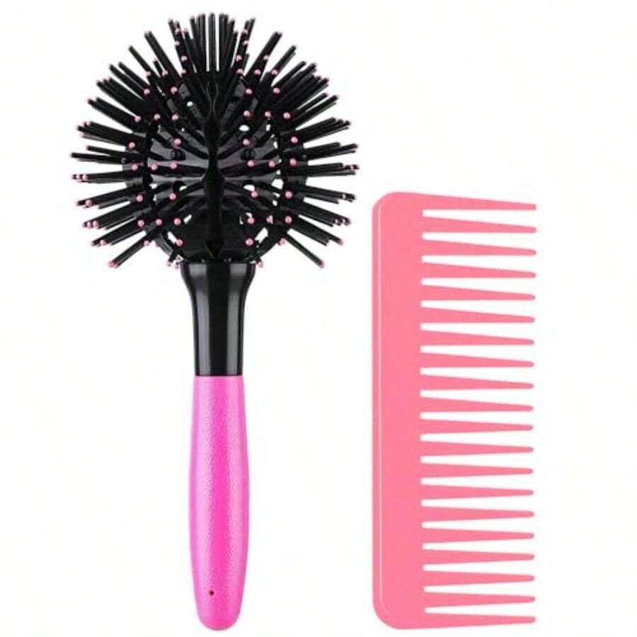 VENDAD-3D Bomb Curl Hair Brush 360 Round Styling Hair Brush Detangling Hairbrush Spherical Ball Brush Salon Round Hair Curling Curler And Wide Tooth Comb For Curly Long Wet Dry Hair - 黑色 - 查看 1