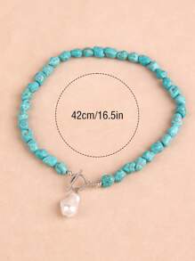 1pc Asymmetrical Turquoise & Faux Pearl Pendant Necklace For Women, Handmade Beaded Necklace With Varying Turquoise Patterns, Suitable For Everyday Wear