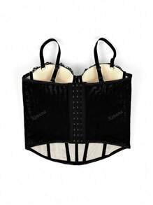 Women Floral Black Lace Trim Corset Overbust Waist Cincher Bustier Top