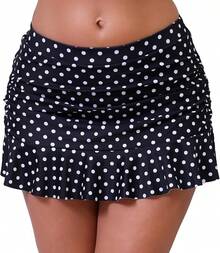 Halcurt Women's Low Waisted Ruched Ruffle Swim Skirts With Hipster Bikini Bottoms Tummy Control Swimsuit - Black/Polka Dot 1 - View 1