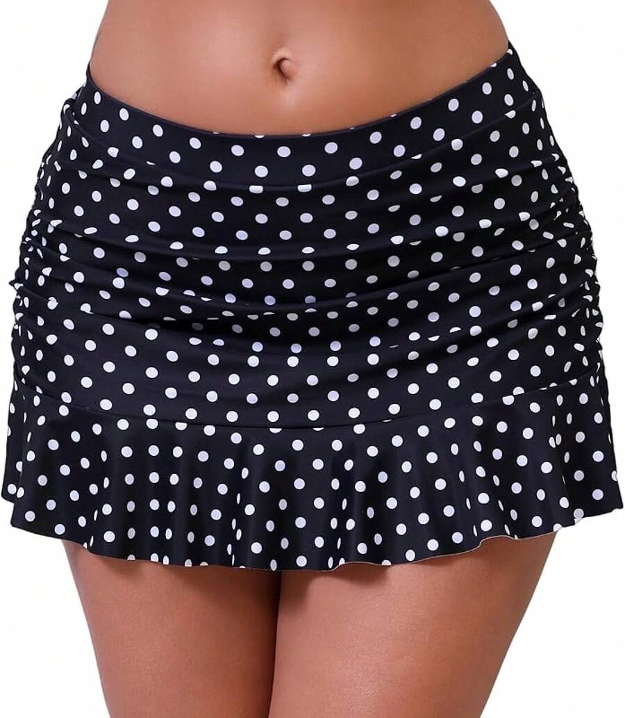 Halcurt Women's Low Waisted Ruched Ruffle Swim Skirts With Hipster Bikini Bottoms Tummy Control Swimsuit - Black/Polka Dot 1 - View 1