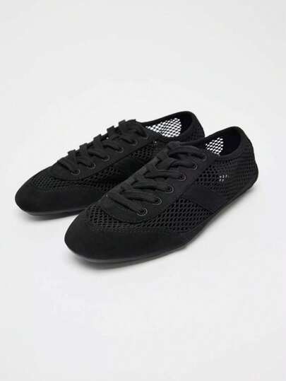 2025 New Summer Women's Shoes Hollow Flat Mesh & Suede Lightweight Versatile Casual Sneakers, Solid Color Casual Cutout Beach Wedding Party Office Home Gym Outdoor All Season