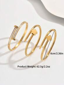 3pcs Stainless Steel Golden Bracelet Set 18K Vacuum Electroplating, Not Easy To Fade, Inlaid With Zirconia, Suitable For Daily Wear, Fashionable And Elegant Ladies' Bracelet Set Jewelry Gold Jewelry Jewelry Women Bracelets Accessories Women Stainless Steel Jewelry Bracelets For Women Western Jewelry