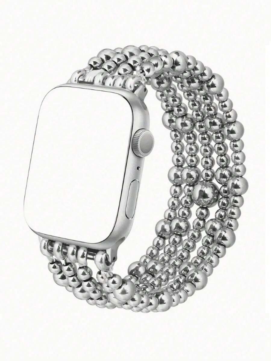 Beaded Bracelet Compatible With Apple Watch Band 41mm 40mm 38mm 42mm 44mm 45mm 49mm Women, Golden Beads , Cute Handmade Elastic Stretch Strap For Series SE 9 8 7 6 5 4 3 2 1,Couple Gifts,Gold Bracelet Set - 銀色串珠 - 查看 1