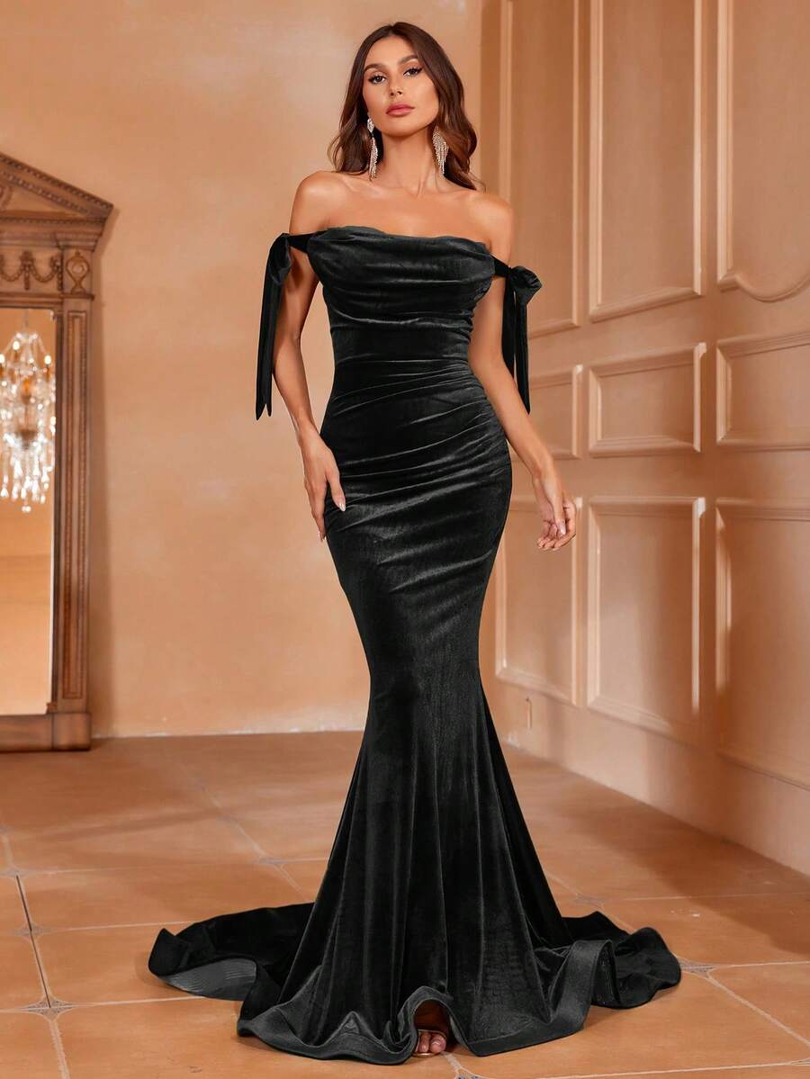 Faeriesty Vestido de Festa de Sereia de Ombro Único de Luxo com Pregas em Cascata e Detalhes de Laço - Vestidos Formais para Eventos de Tapete Vermelho, Casamentos de Luxo, Estreias de Teatro, Jantares Beneficentes e Festas Formais