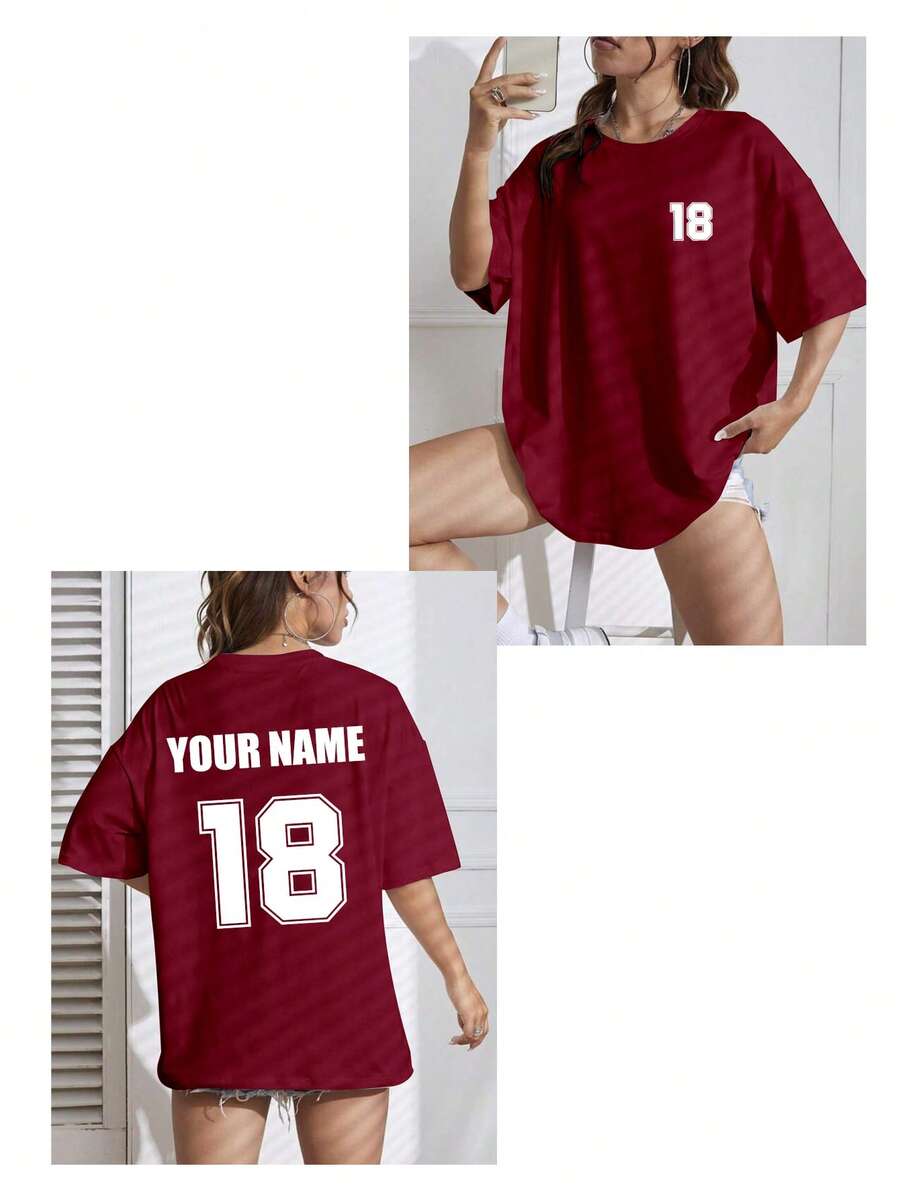Custom Plus Size Women's T-Shirt, Front And Back Customizable With Your Number Logo, Name/Text/Lucky Number, Sporty Personalized Summer Gift - Burgundy - View 1