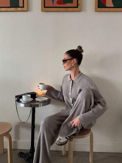 2pcs/Set Women's Fashionable Casual Collared Pocket Design Knit Pant Suit, Suitable For Back To School, Christmas, Date Night, Off-The-Shoulder Sweater, Korean Style, Fall, Modest, Party, Y2K, Going Out, Concert, New Year, Winter