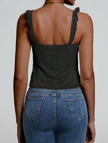 大胆蕾丝设计荷叶边吊带蝴蝶结背心，蕾丝拼接无袖背心，春夏新款休闲装 - 黑色 - 查看 2