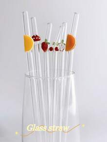 1pc/6pcs Orange, Lemon, Strawberry, Cherry Heatproof Glass Straws, Fashionable Item, Anti-Scald & Anti-Lipstick, Suitable For Bubble Tea, Juice, Milk, Summer Cold Drinks, Curved Glass Straws, Kitchen Essentials - Glass Straw - View 2