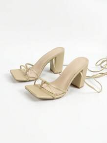 Women's Gold Square Toe Crisscross Strap Gladiator Sandals, Fashionable Sexy Party High Heels, Elegant & Comfortable Block Heel Shoes, Leg Lengthening