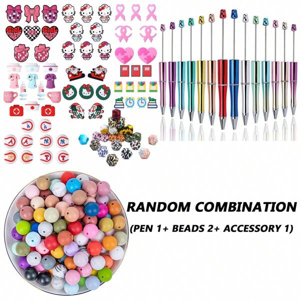 Sanrio UV Electroplated Beaded Pen DIY Rotating Multicolor Ballpoint Pen Creative Stylish Gift Pen, Customizable And Fun To DIY, School Supplies, Back To School