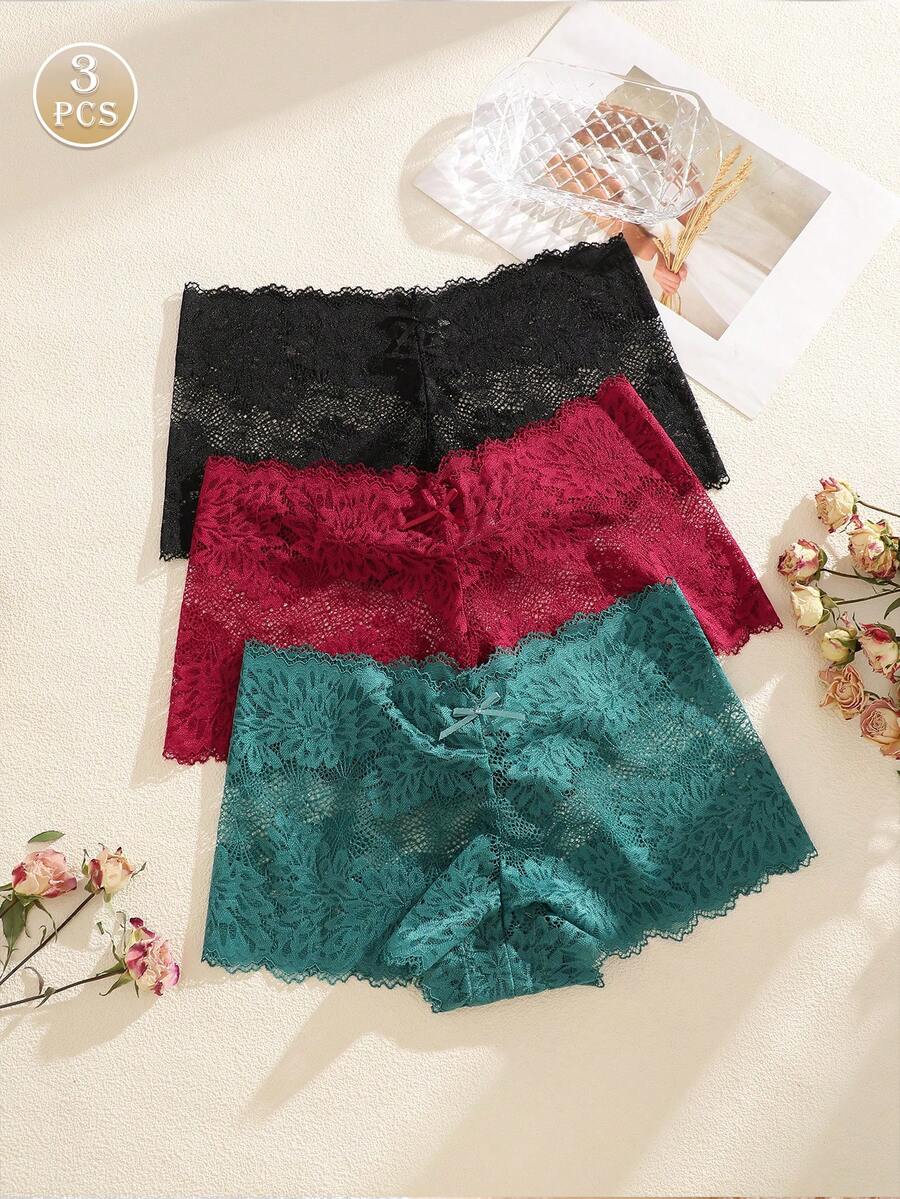Bộ 3 quần lót ren hoa và nơ màu trơn gợi cảm lãng mạn cho nữ - Nhiều màu - Xem 1