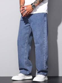 1 buah Celana Jeans Komuter Gaya Amerika Minimalis Hearty Haven Washed untuk Pria, Celana Panjang Kasual Serbaguna dengan Potongan Lebar dan Longgar (Tanpa Sabuk atau Aksesoris) - Biru - View 5