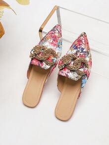 Babuchas planas elegantes para mujer con puntera puntiaguda, estampado tropical colorido y hebilla de metal (Patrones de calzado variados) - Multicolor - Ver 5