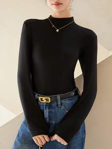 Cuello alto Manga larga Body negro Slim Tight Fit Color sólido Basic Versátil - Negro - Ver 5